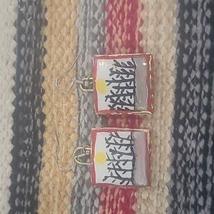 Playful Red and Black Landscape Earrings with Silver Hooks 3 Pair $15